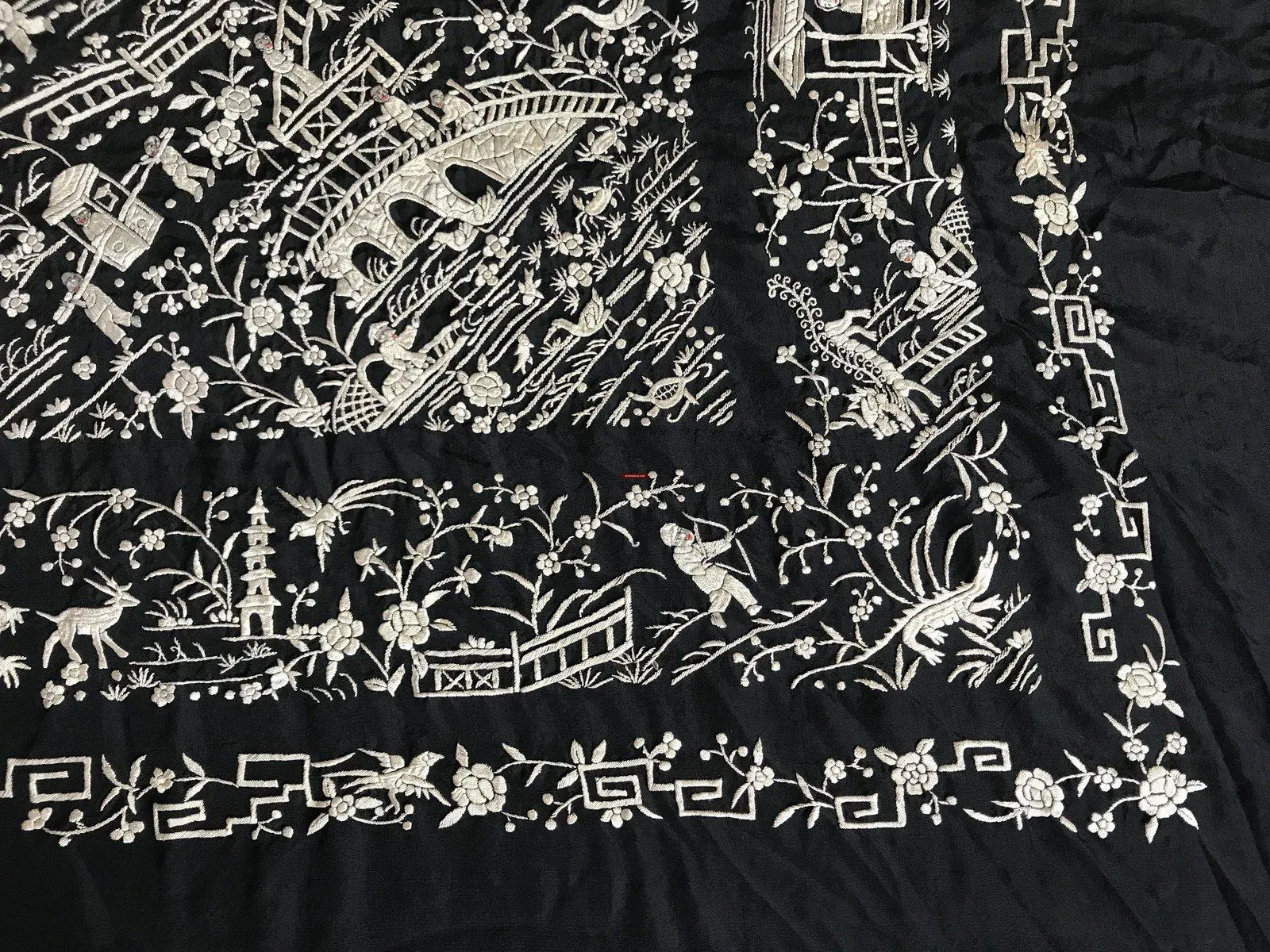 1141 SOLD Antique Double Sided Embroidery Manila Manton - Cantonese Embroidery with Lifestyle Scenes