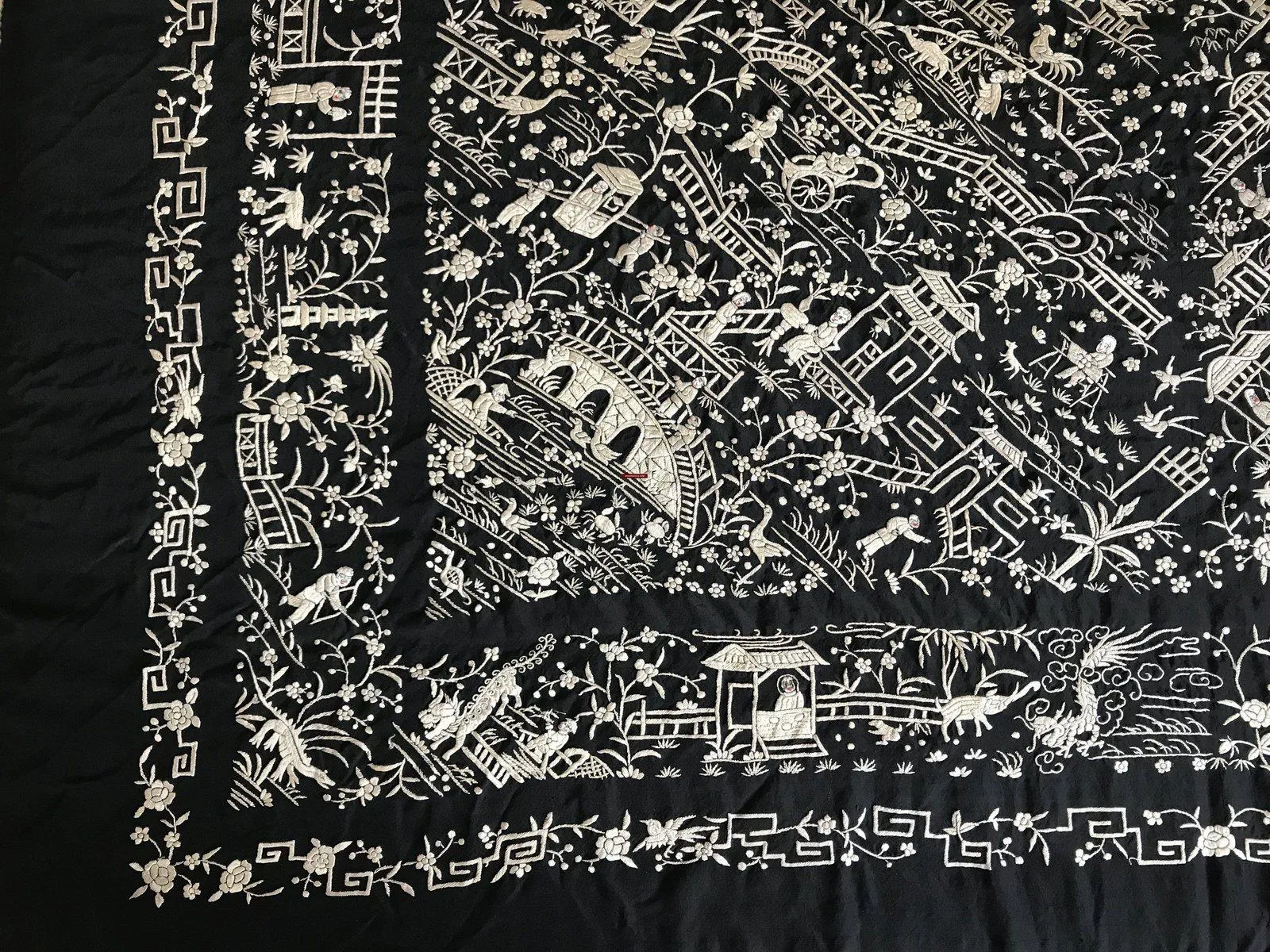 1141 SOLD Antique Double Sided Embroidery Manila Manton - Cantonese Embroidery with Lifestyle Scenes