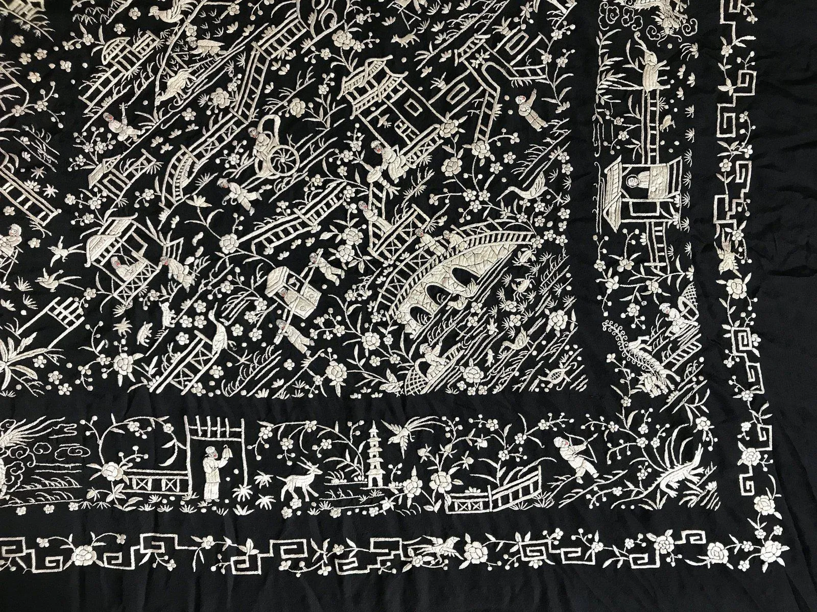 1141 SOLD Antique Double Sided Embroidery Manila Manton - Cantonese Embroidery with Lifestyle Scenes