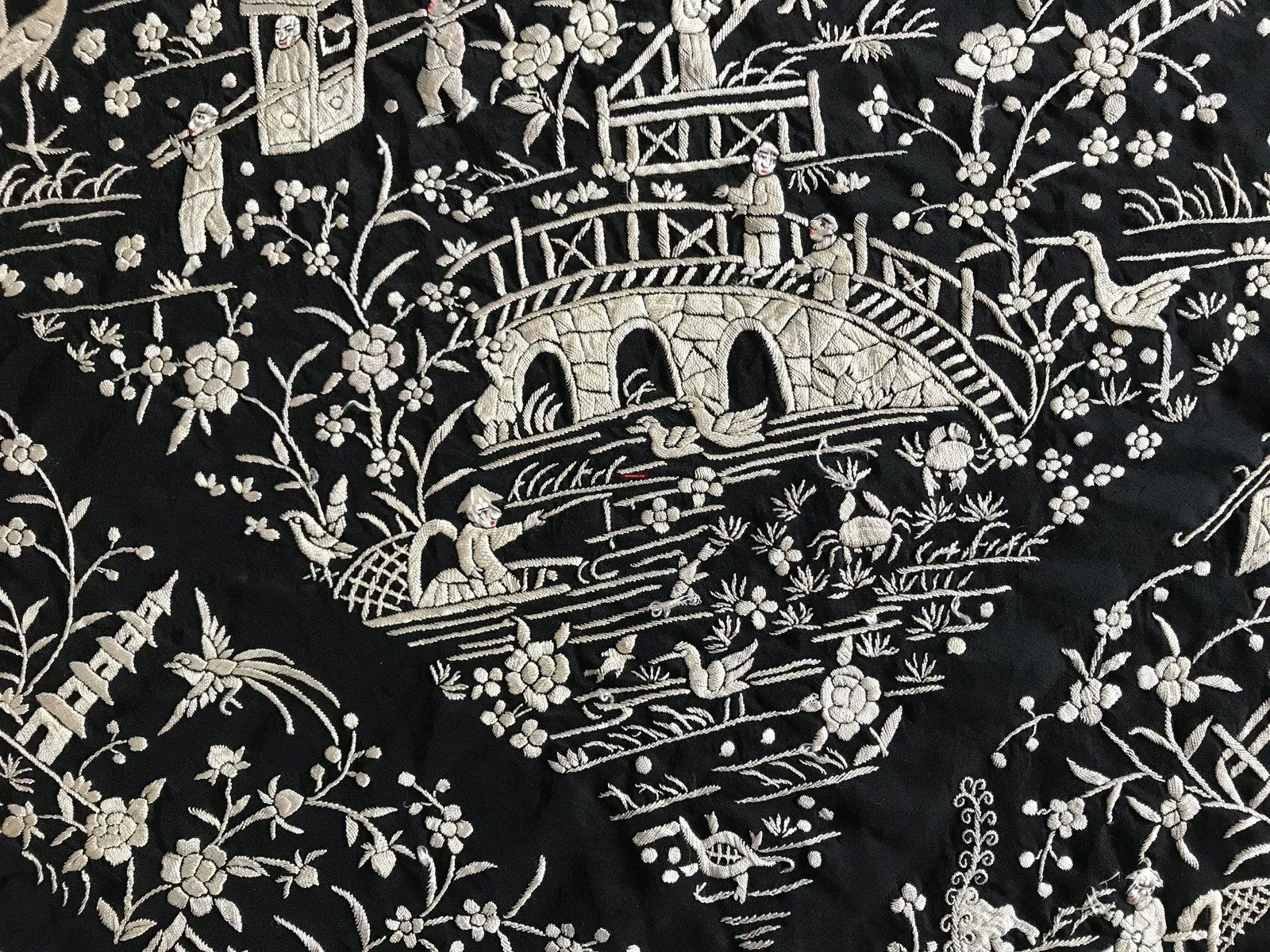 1141 SOLD Antique Double Sided Embroidery Manila Manton - Cantonese Embroidery with Lifestyle Scenes