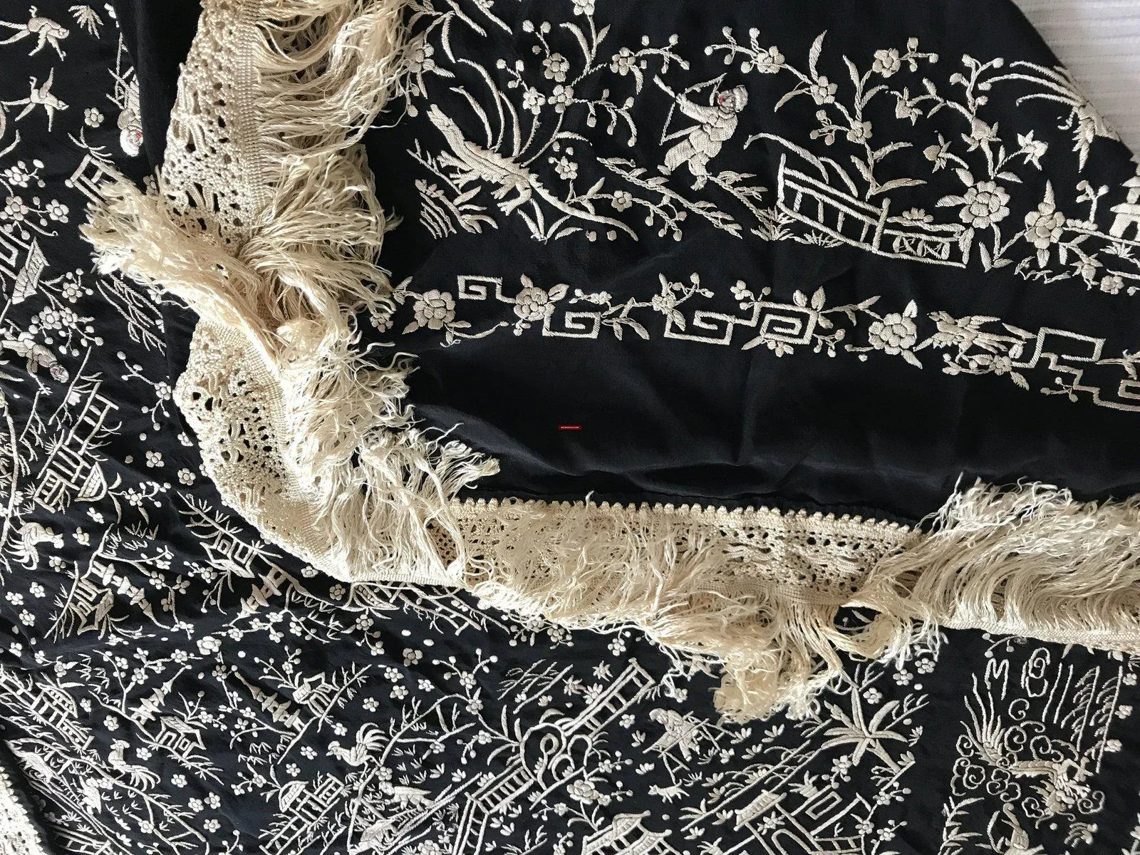 1141 SOLD Antique Double Sided Embroidery Manila Manton - Cantonese Embroidery with Lifestyle Scenes