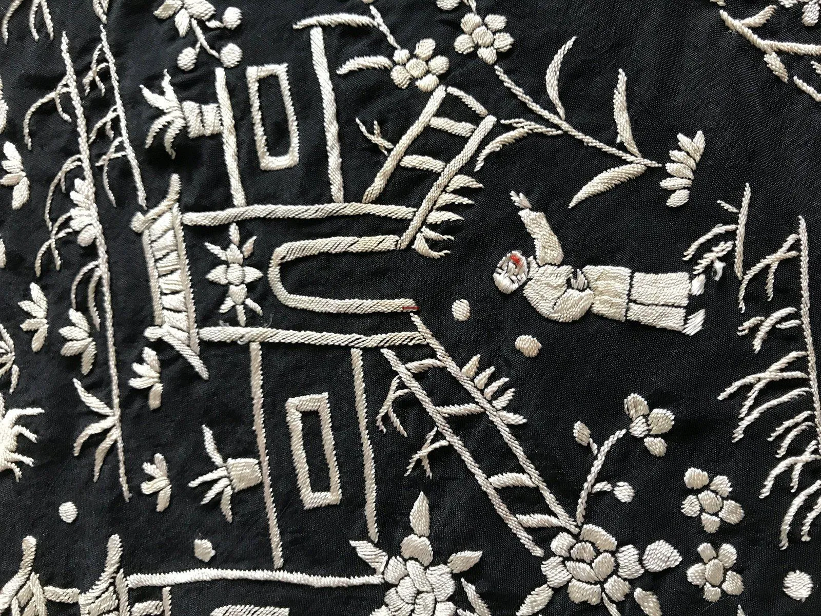 1141 SOLD Antique Double Sided Embroidery Manila Manton - Cantonese Embroidery with Lifestyle Scenes