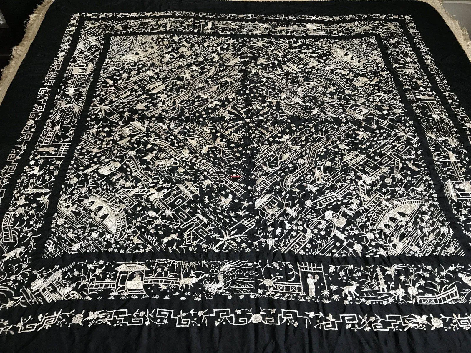 1141 SOLD Antique Double Sided Embroidery Manila Manton - Cantonese Embroidery with Lifestyle Scenes