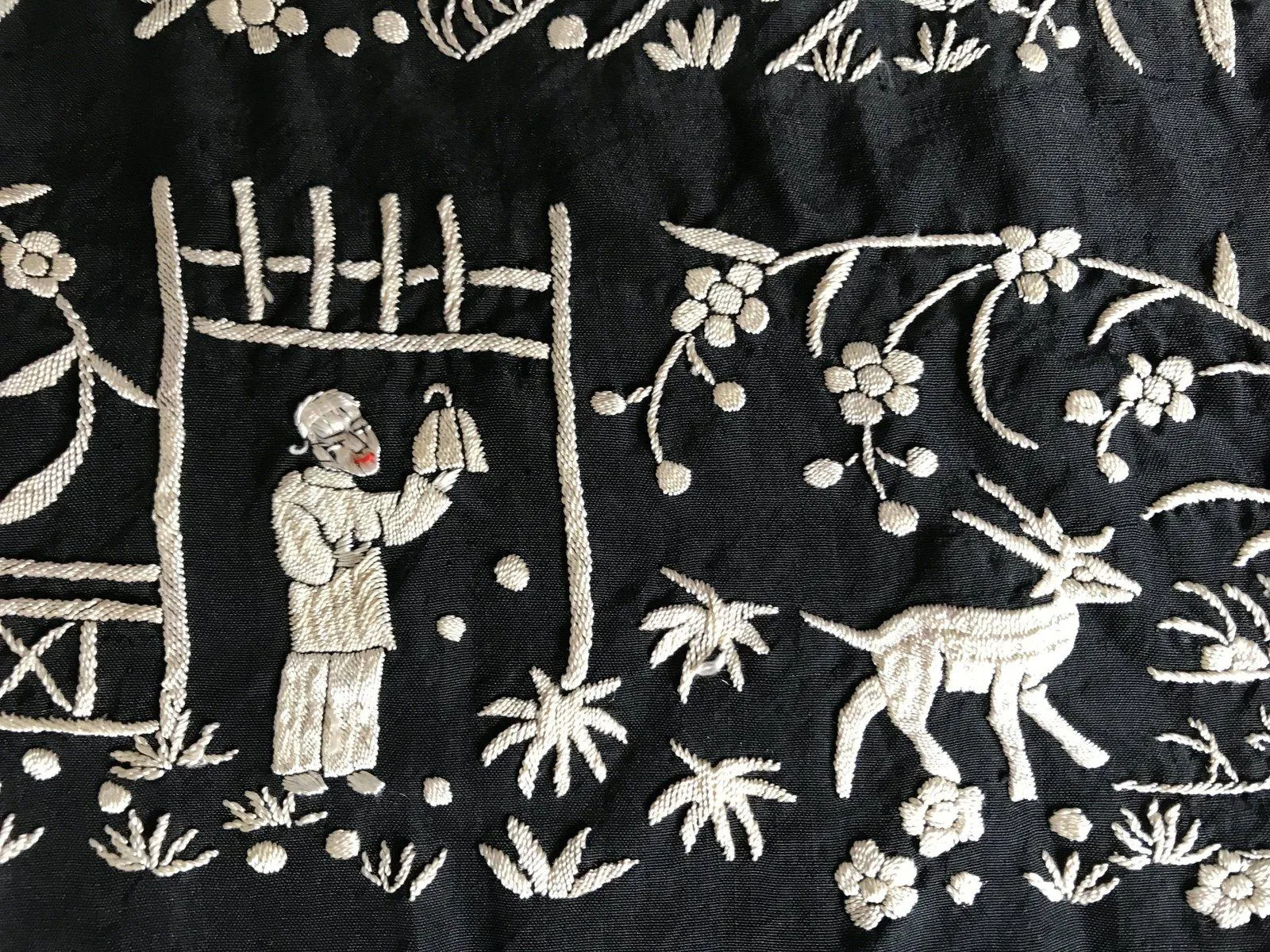 1141 SOLD Antique Double Sided Embroidery Manila Manton - Cantonese Embroidery with Lifestyle Scenes
