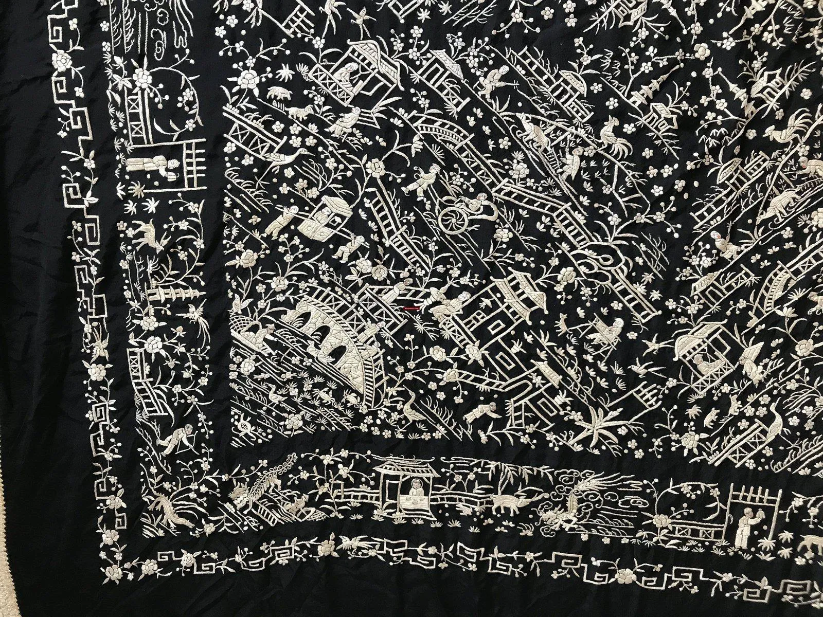 1141 SOLD Antique Double Sided Embroidery Manila Manton - Cantonese Embroidery with Lifestyle Scenes
