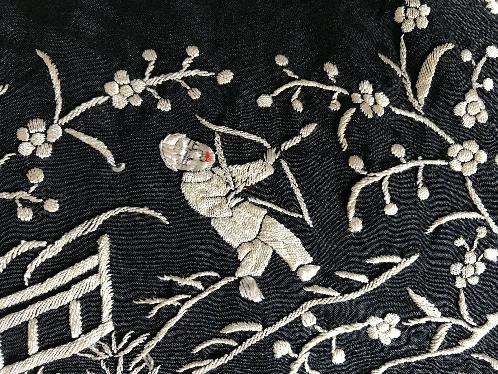 1141 SOLD Antique Double Sided Embroidery Manila Manton - Cantonese Embroidery with Lifestyle Scenes