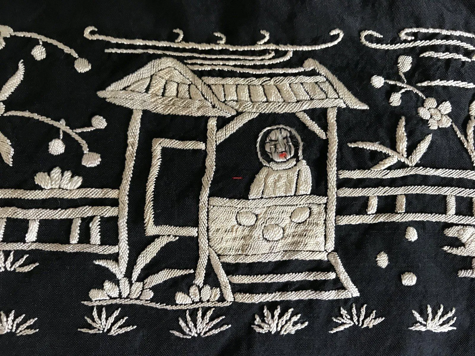 1141 SOLD Antique Double Sided Embroidery Manila Manton - Cantonese Embroidery with Lifestyle Scenes