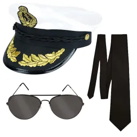 Adults Navy Captains Hat Black Tie Aviator Glasses Instant Kit Captain Officer Sailor Man Uniform