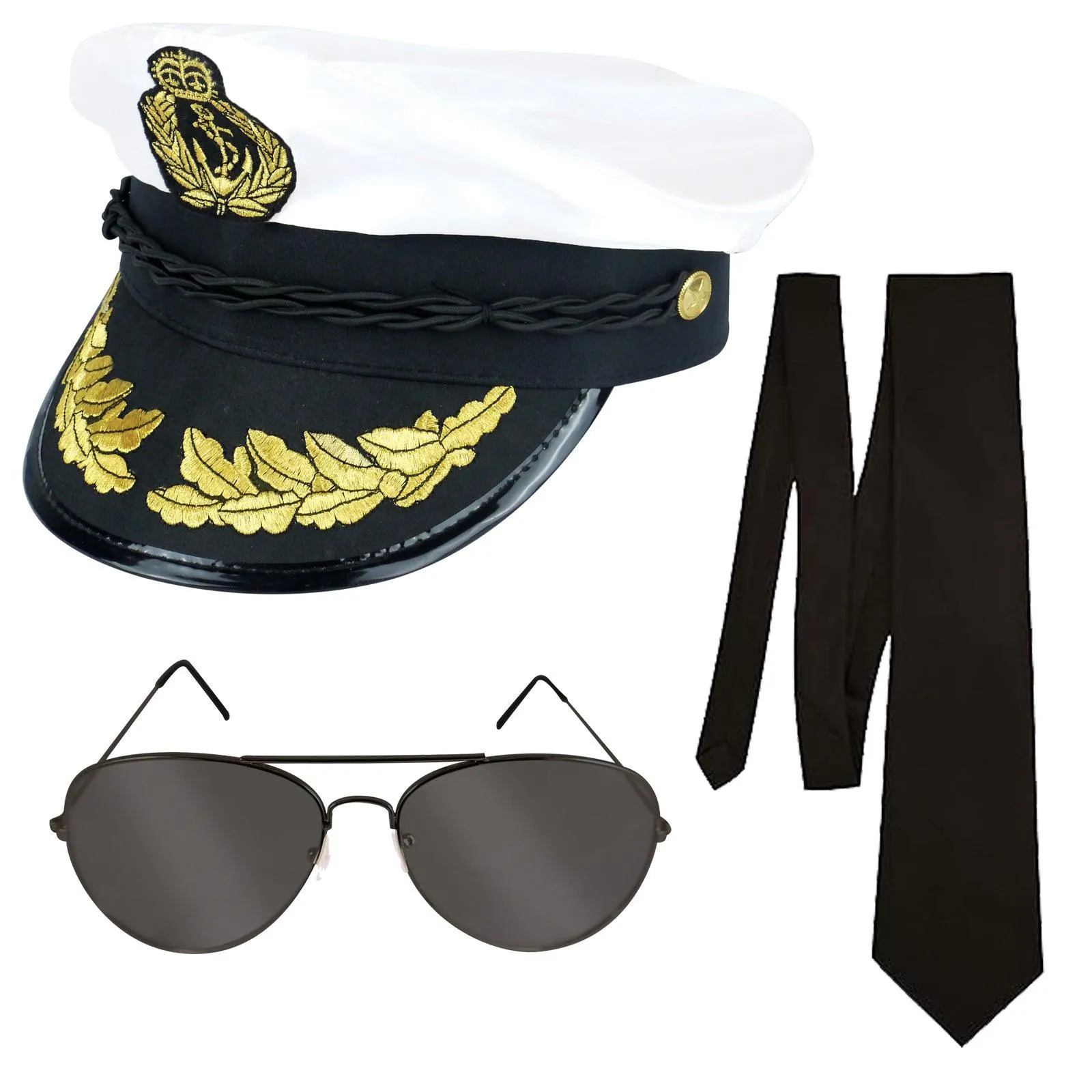 Adults Navy Captains Hat Black Tie Aviator Glasses Instant Kit Captain Officer Sailor Man Uniform