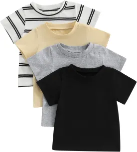 Baby Boy 4-Pack Short Sleeve Crewneck T-Shirts Top Active Tee Toddler Boys' Solid/Striped Cotton T-Shirt
