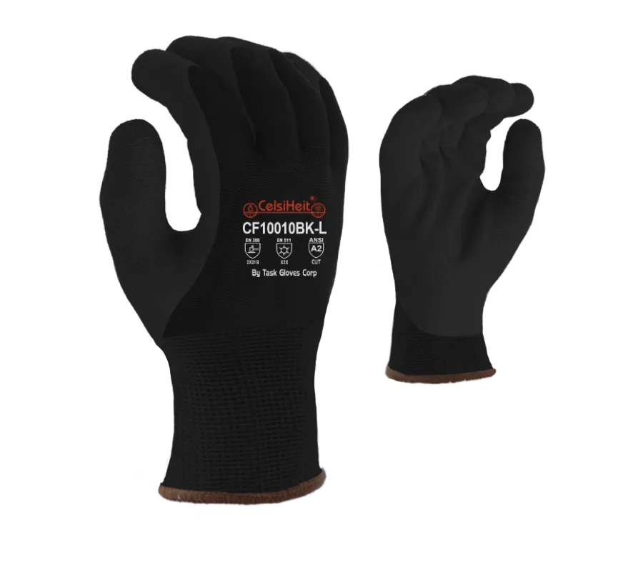Black Heavy Thermal Shell, Double Layer Acrylic Insulation, Black Crinkle Latex Palm Coated Gloves with PVC Waterproof Barrier