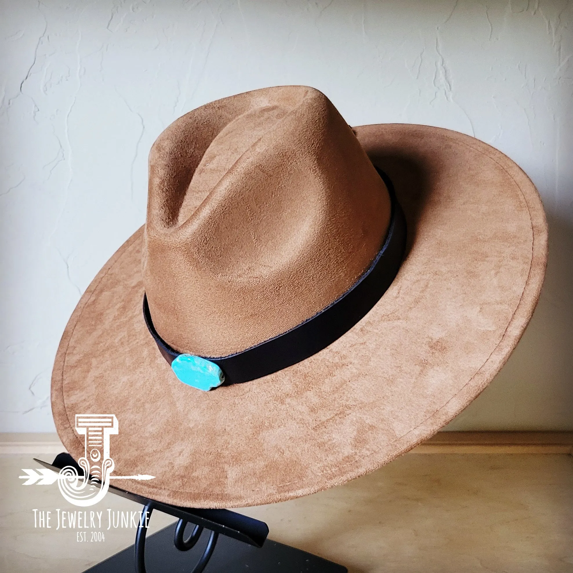 Black Leather Hat Band w/ Turquoise Slab   Choice of Boho Hat