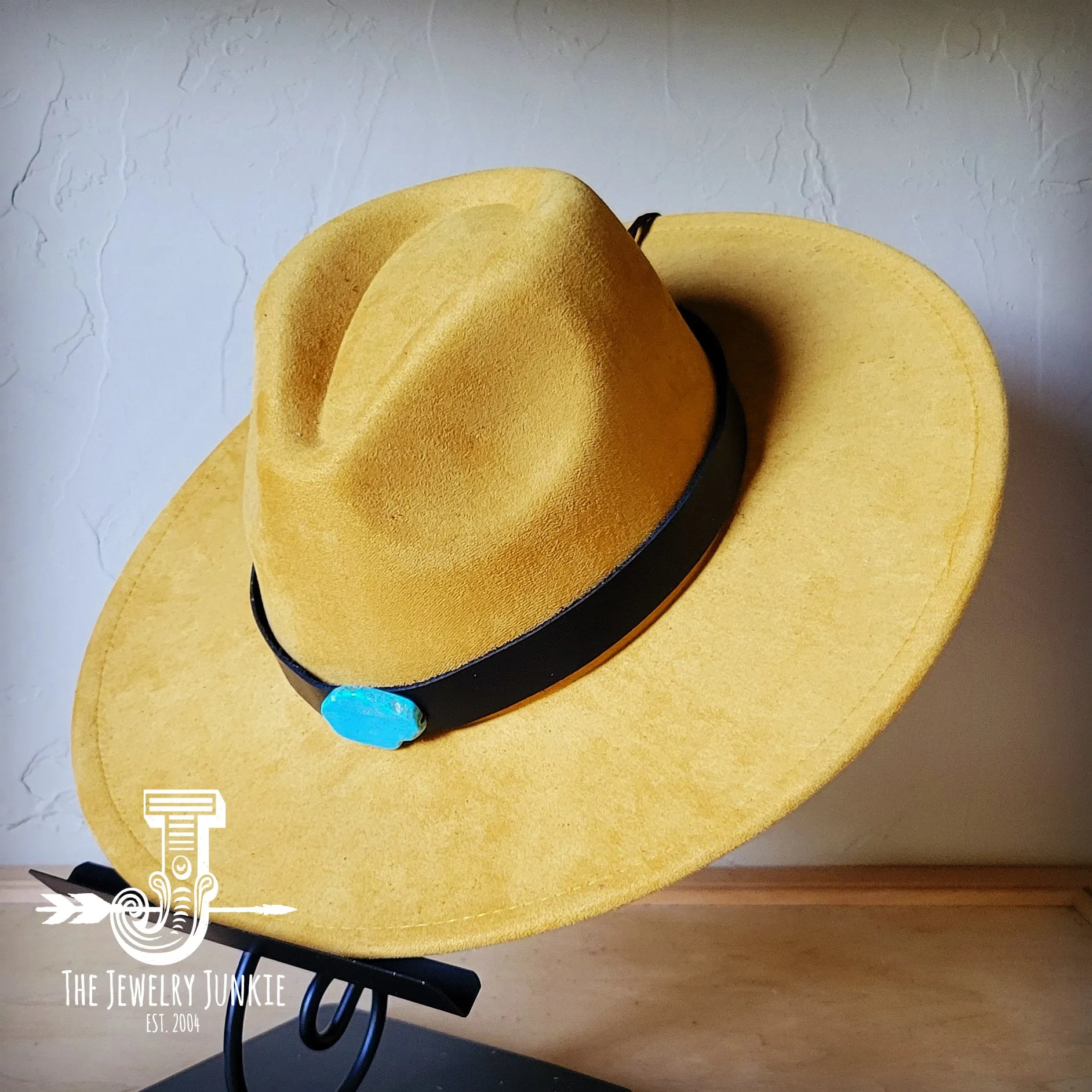 Black Leather Hat Band w/ Turquoise Slab   Choice of Boho Hat