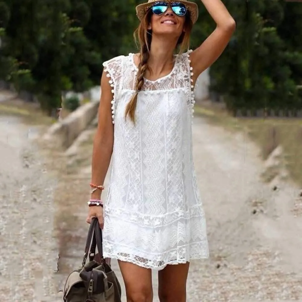 Boho White Sheer Lace Dress Summer Sundress