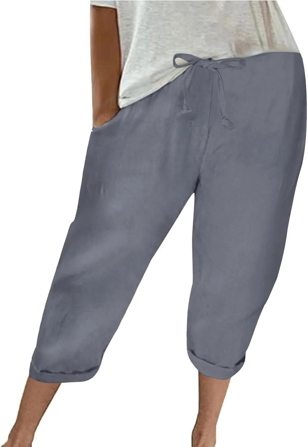 Capri Pants for Women Casual Summer Drawstring Elastic High Waist Linen Pants Baggy Straight Leg Cropped Trousers