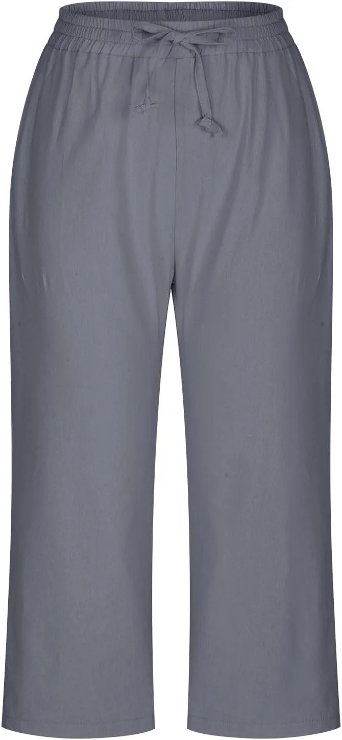 Capri Pants for Women Casual Summer Drawstring Elastic High Waist Linen Pants Baggy Straight Leg Cropped Trousers