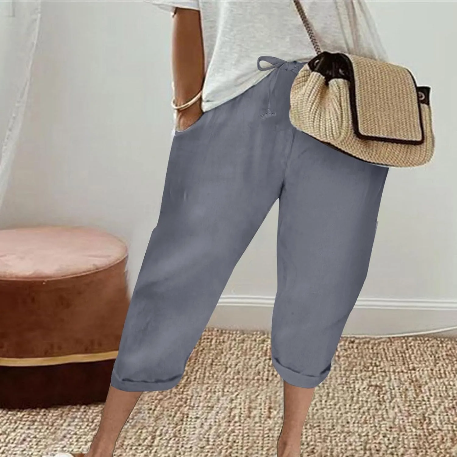 Capri Pants for Women Casual Summer Drawstring Elastic High Waist Linen Pants Baggy Straight Leg Cropped Trousers