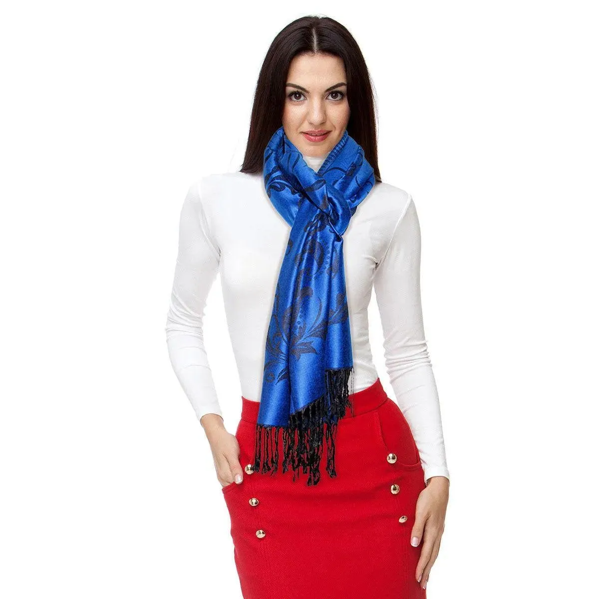 Discover the elegance: Experience the timeless charm of the Pashmina Blue Flower Fringe Scarf for Women today!