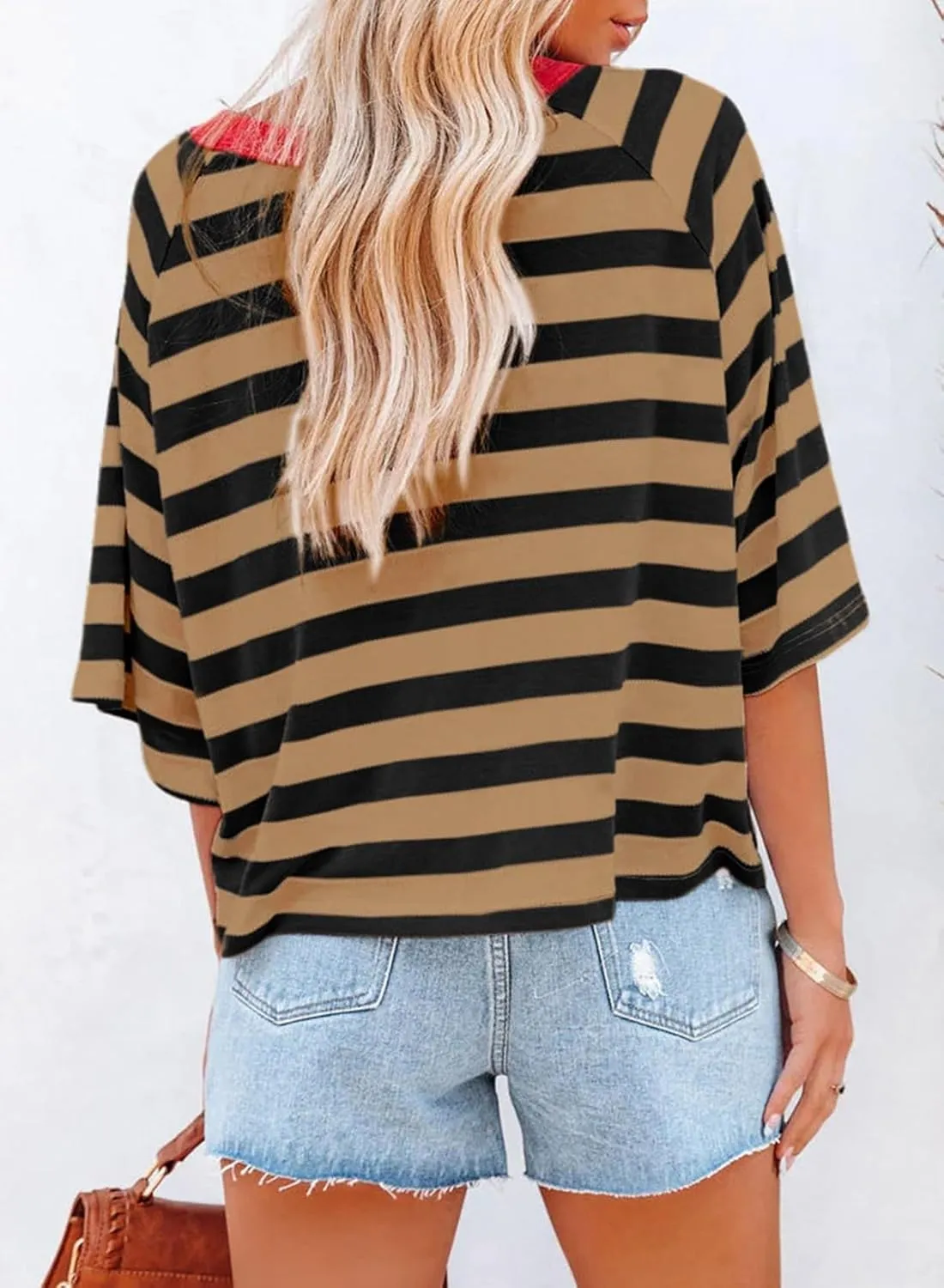 Dokotoo Tops for Women Striped 2025 Fashion T Shirts for Women Color Block Crewneck Design Loose Basic Tee