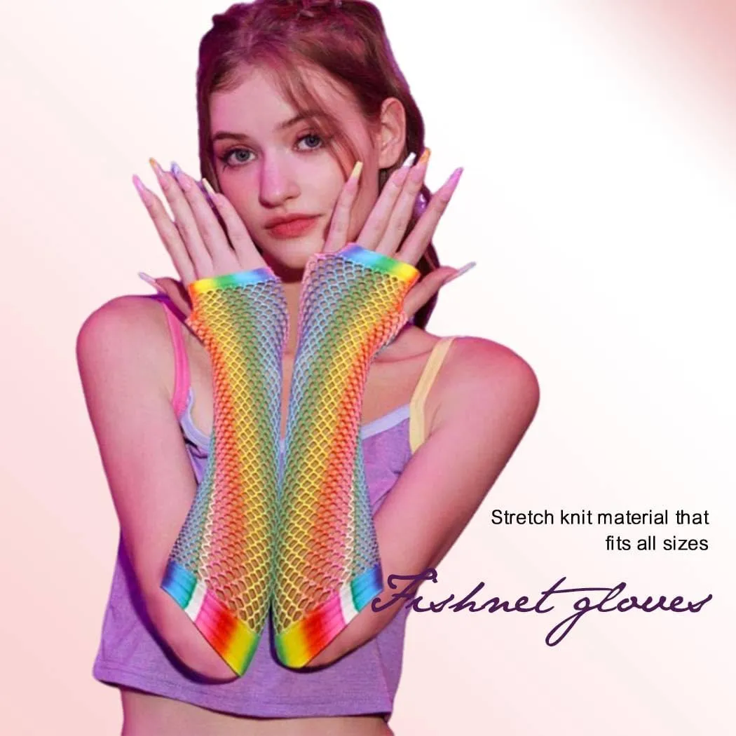 Fingerless Fishnet Golves Rainbow Neon Mesh Gloves for Women and Girls
