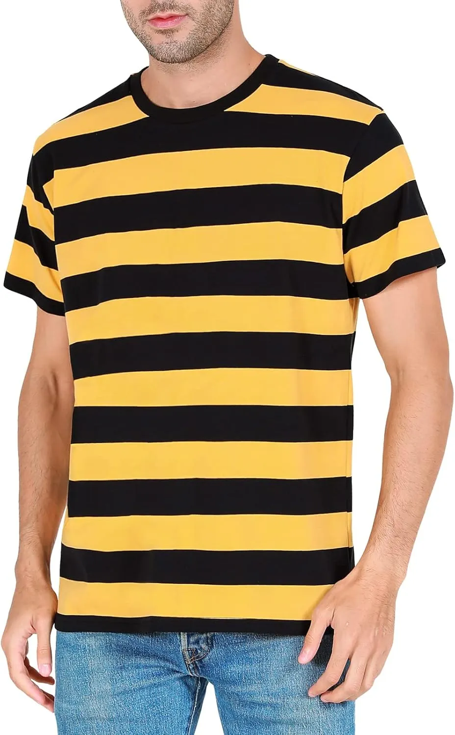 Funny World Men's Cotton Striped T-Shirt Crew Neck Short Sleeves Basic Casual Top