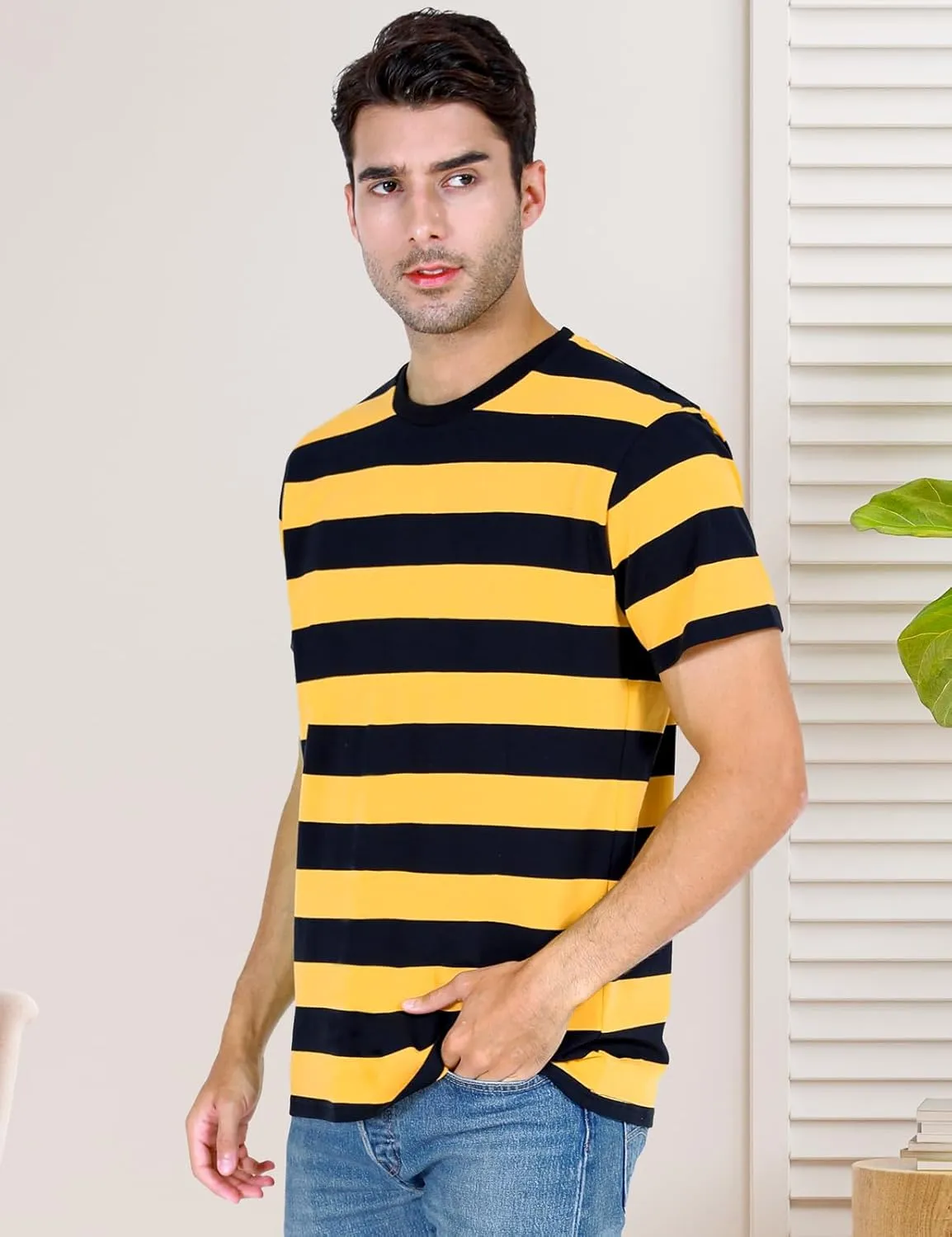Funny World Men's Cotton Striped T-Shirt Crew Neck Short Sleeves Basic Casual Top