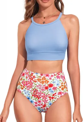 Herseas Women's Bikini Sets High Neck Tropical Leaf Print High Waisted Two Pieces Swimsuits Bathing Suits