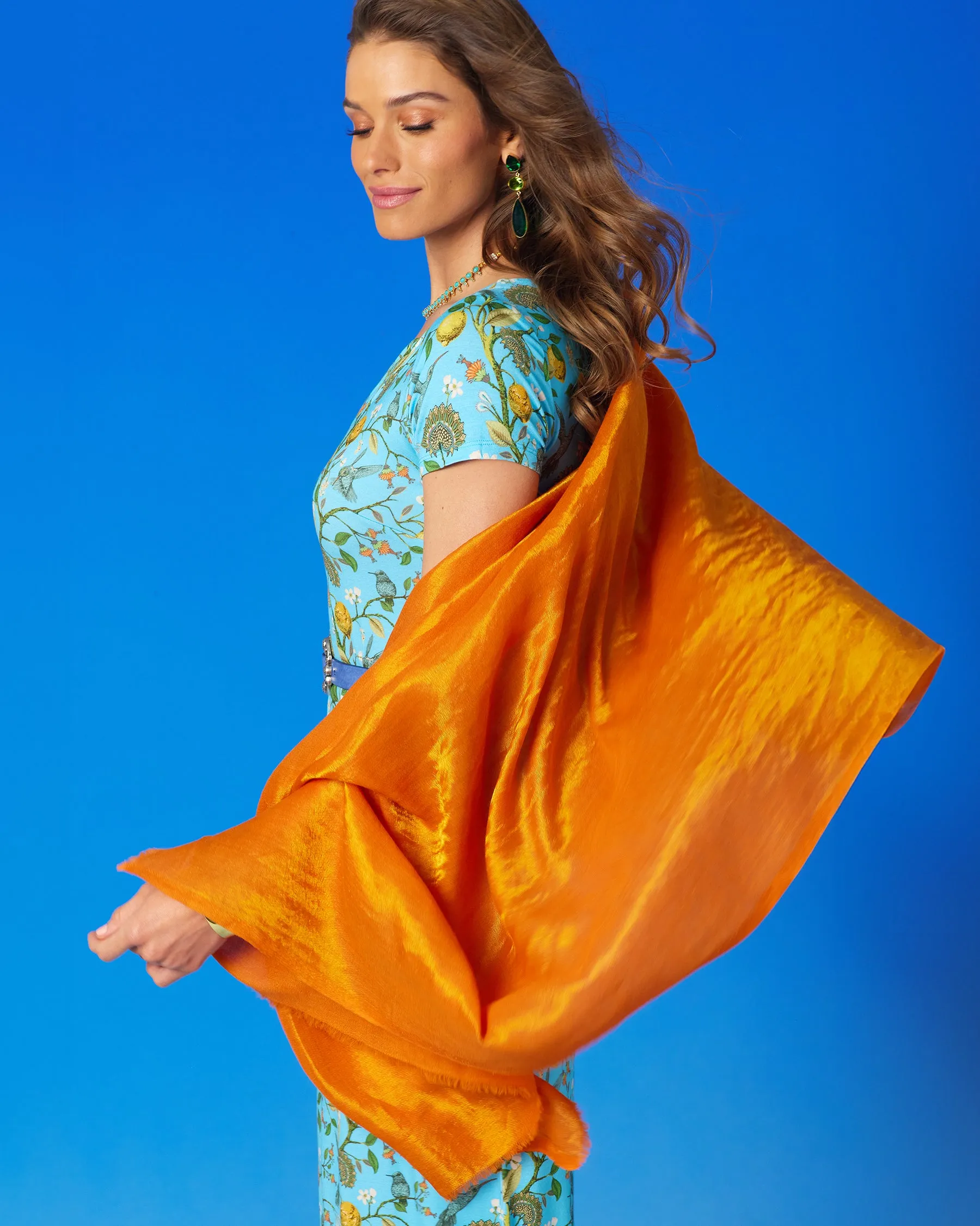 Josephine Reversible Pashmina Shawl in Gold Shimmer Coral Orange