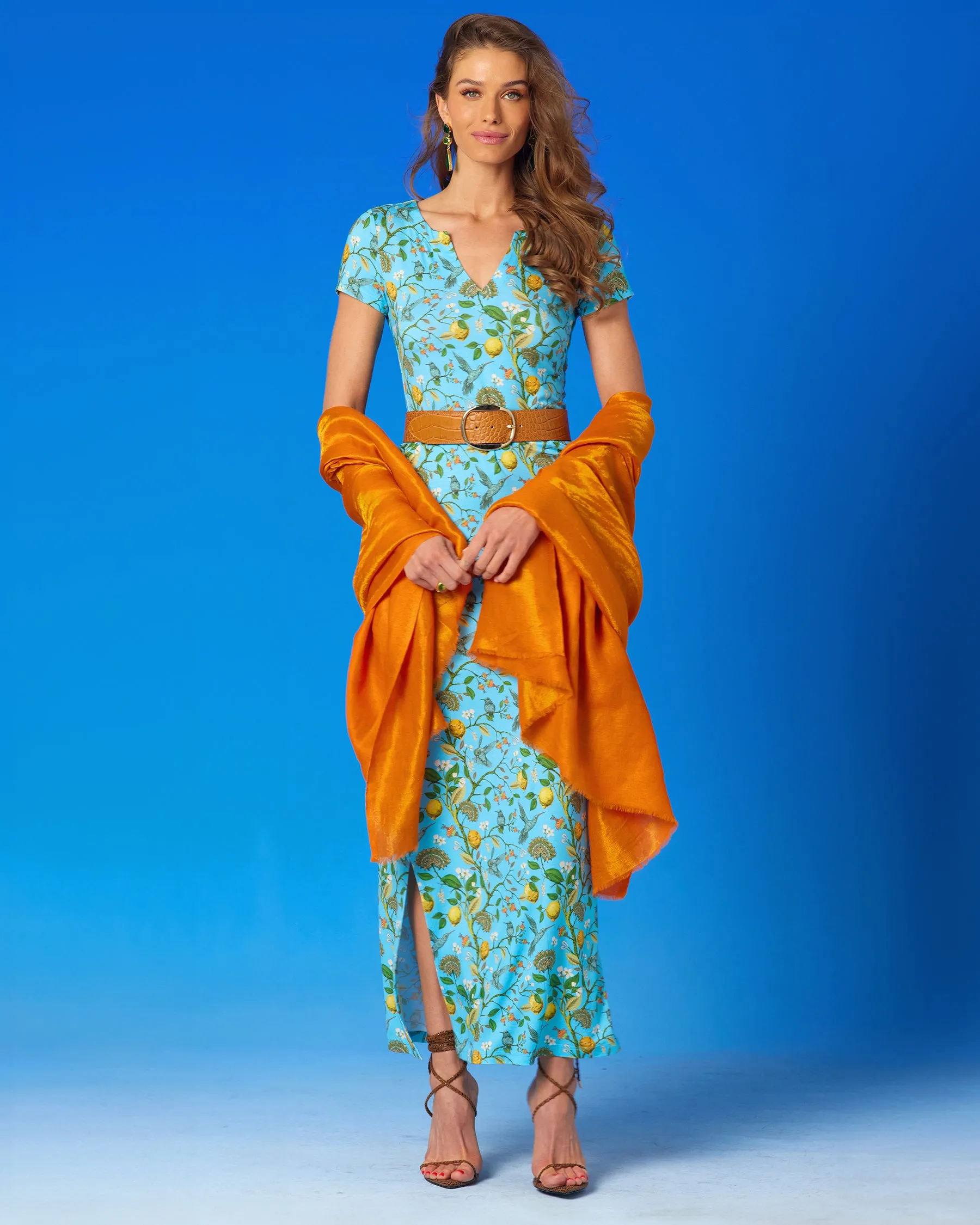 Josephine Reversible Pashmina Shawl in Gold Shimmer Coral Orange