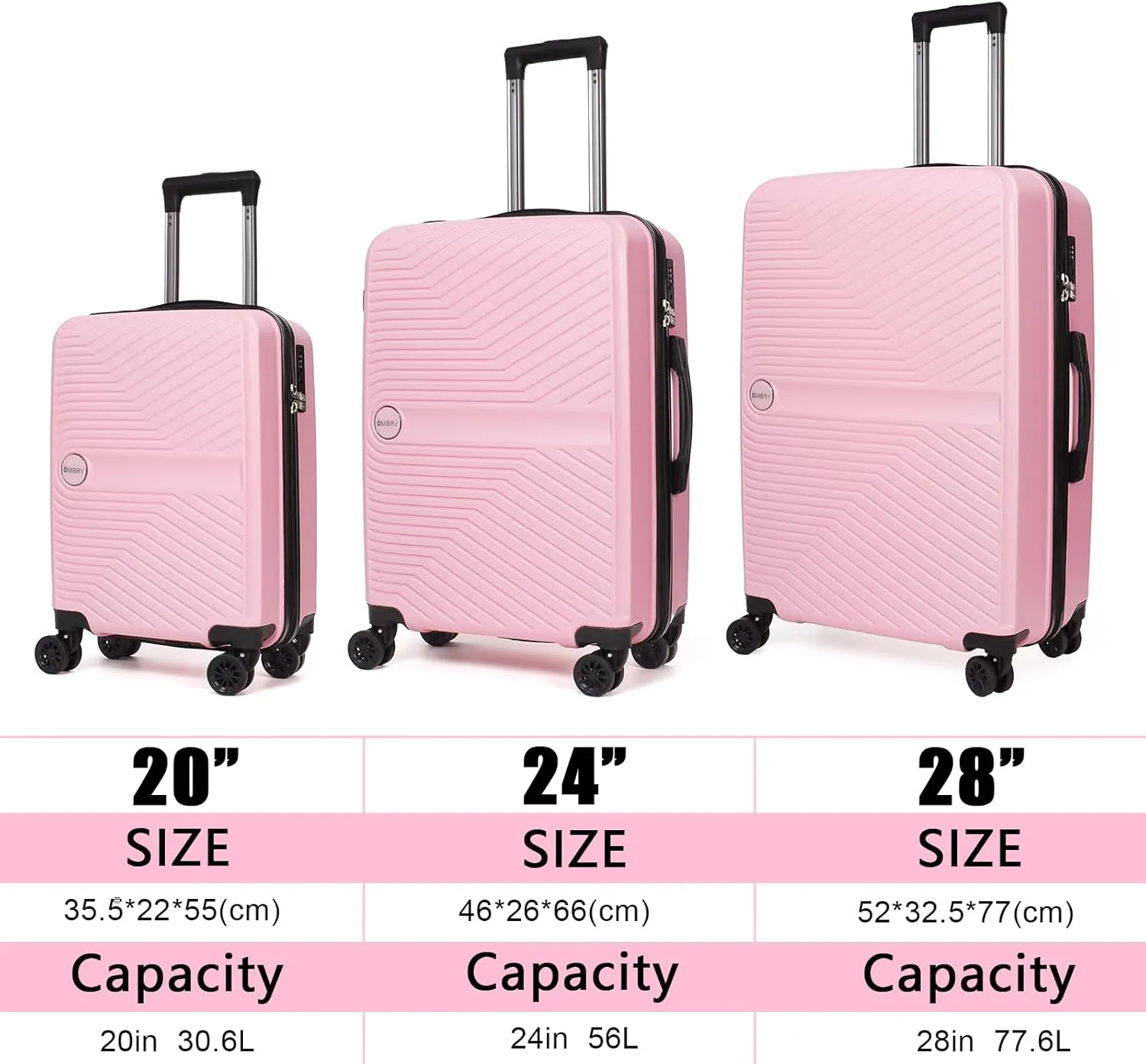 Luggage Set 3 Pieces -Suitcase Set - Carry on Luggage with Wheels - Check-in Luggage - PC   ABS Durable Suitcase Rotating Silent Wheels 3-Piece 20/24/28 Pink