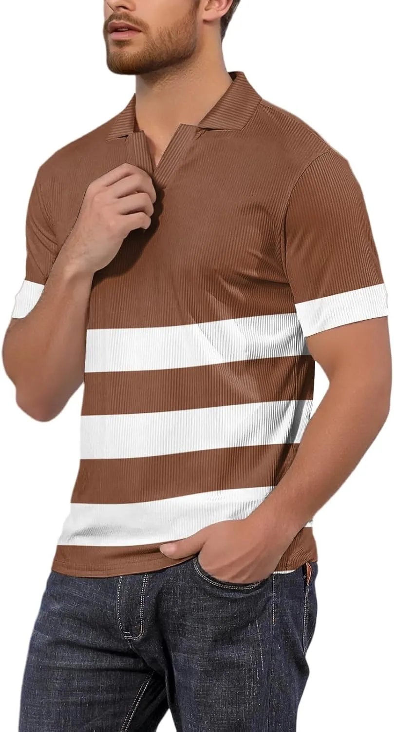 Men's Polo Shirts Short Sleeve V Neck Vintage Striped Casual Golf Polo Classic Collared T Shirts