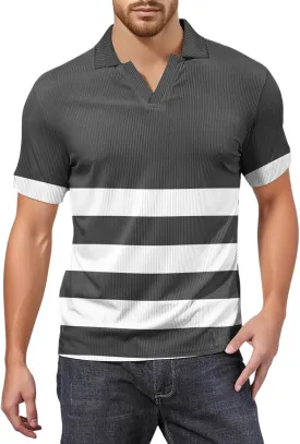 Men's Polo Shirts Short Sleeve V Neck Vintage Striped Casual Golf Polo Classic Collared T Shirts
