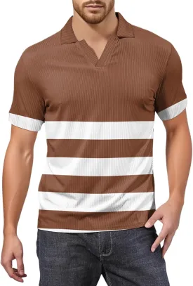 Men's Polo Shirts Short Sleeve V Neck Vintage Striped Casual Golf Polo Classic Collared T Shirts