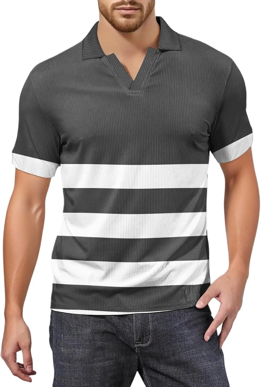 Men's Polo Shirts Short Sleeve V Neck Vintage Striped Casual Golf Polo Classic Collared T Shirts