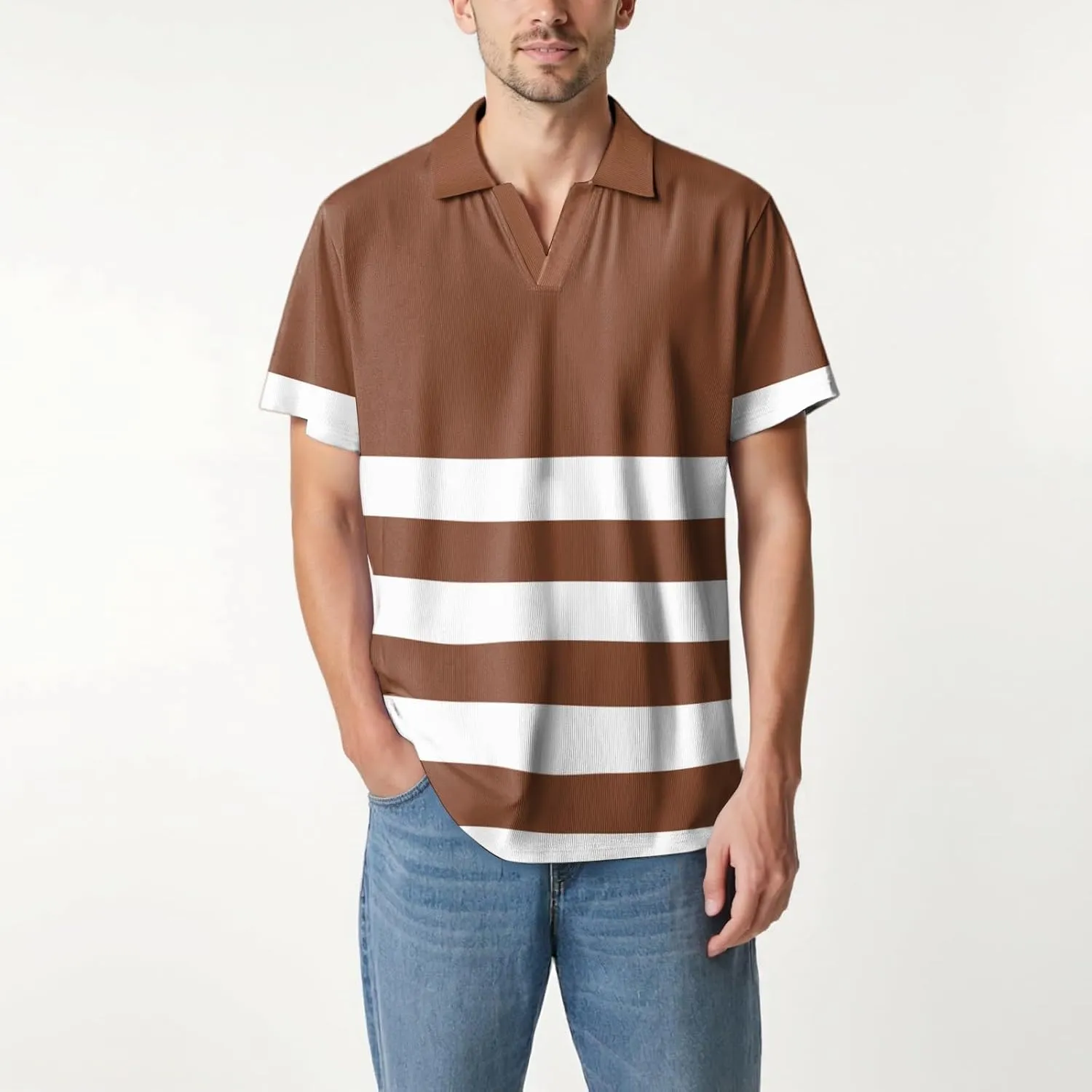 Men's Polo Shirts Short Sleeve V Neck Vintage Striped Casual Golf Polo Classic Collared T Shirts