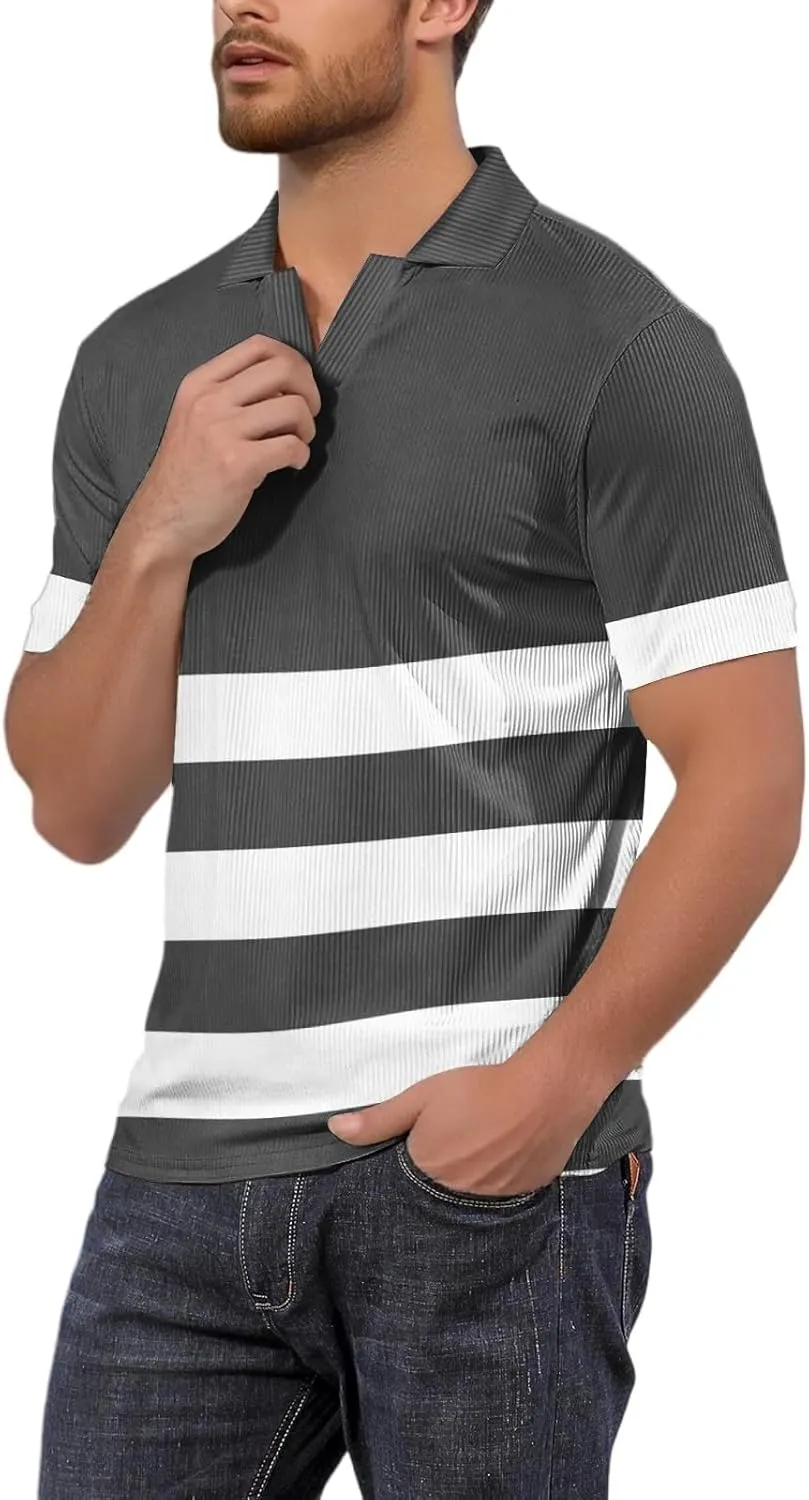Men's Polo Shirts Short Sleeve V Neck Vintage Striped Casual Golf Polo Classic Collared T Shirts