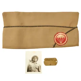 Original U.S. WWII Named Parachute Field Artillery Battalion Officer’s Overseas Cap With Dog Tag and Photo - Irving E. Cohen
