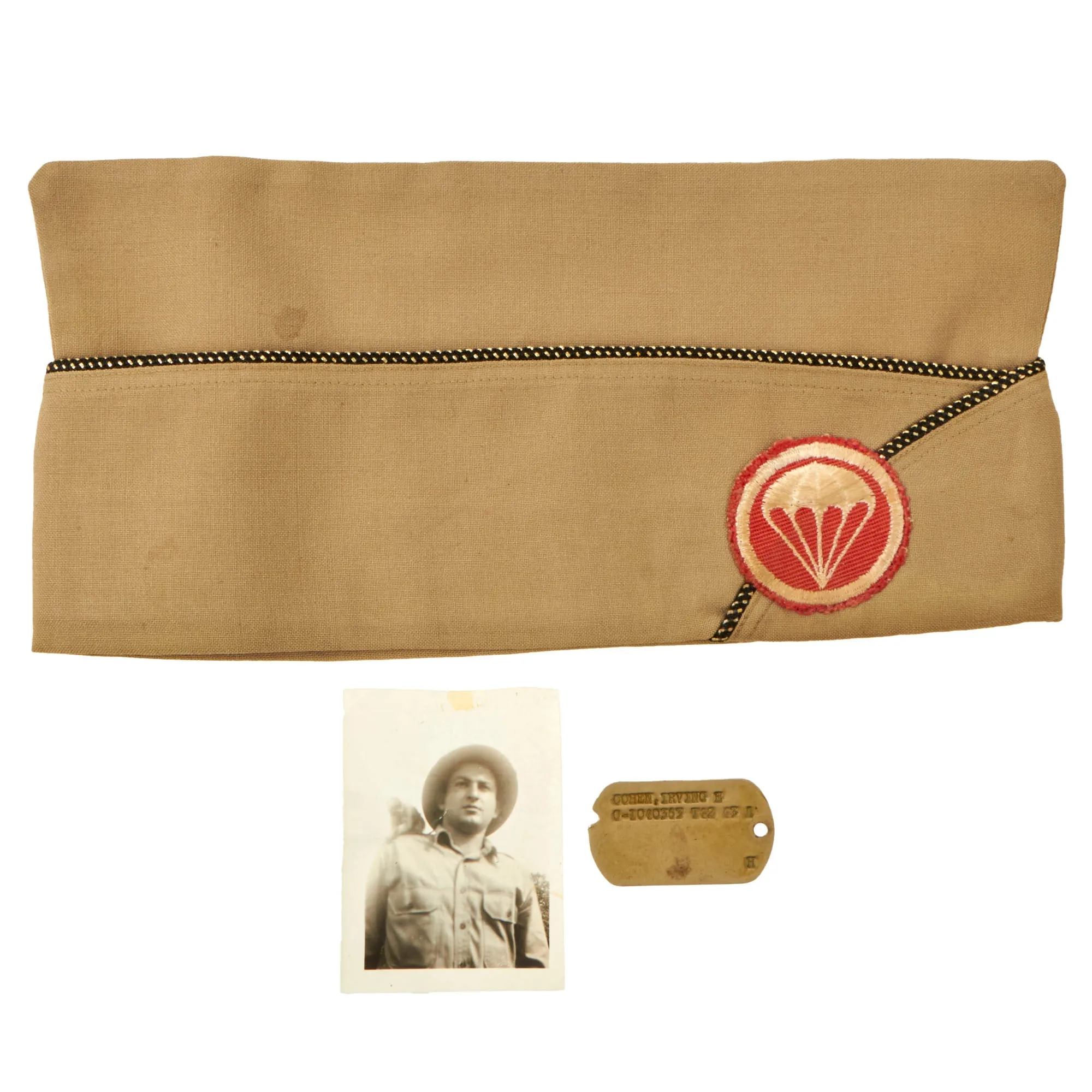 Original U.S. WWII Named Parachute Field Artillery Battalion Officer’s Overseas Cap With Dog Tag and Photo - Irving E. Cohen