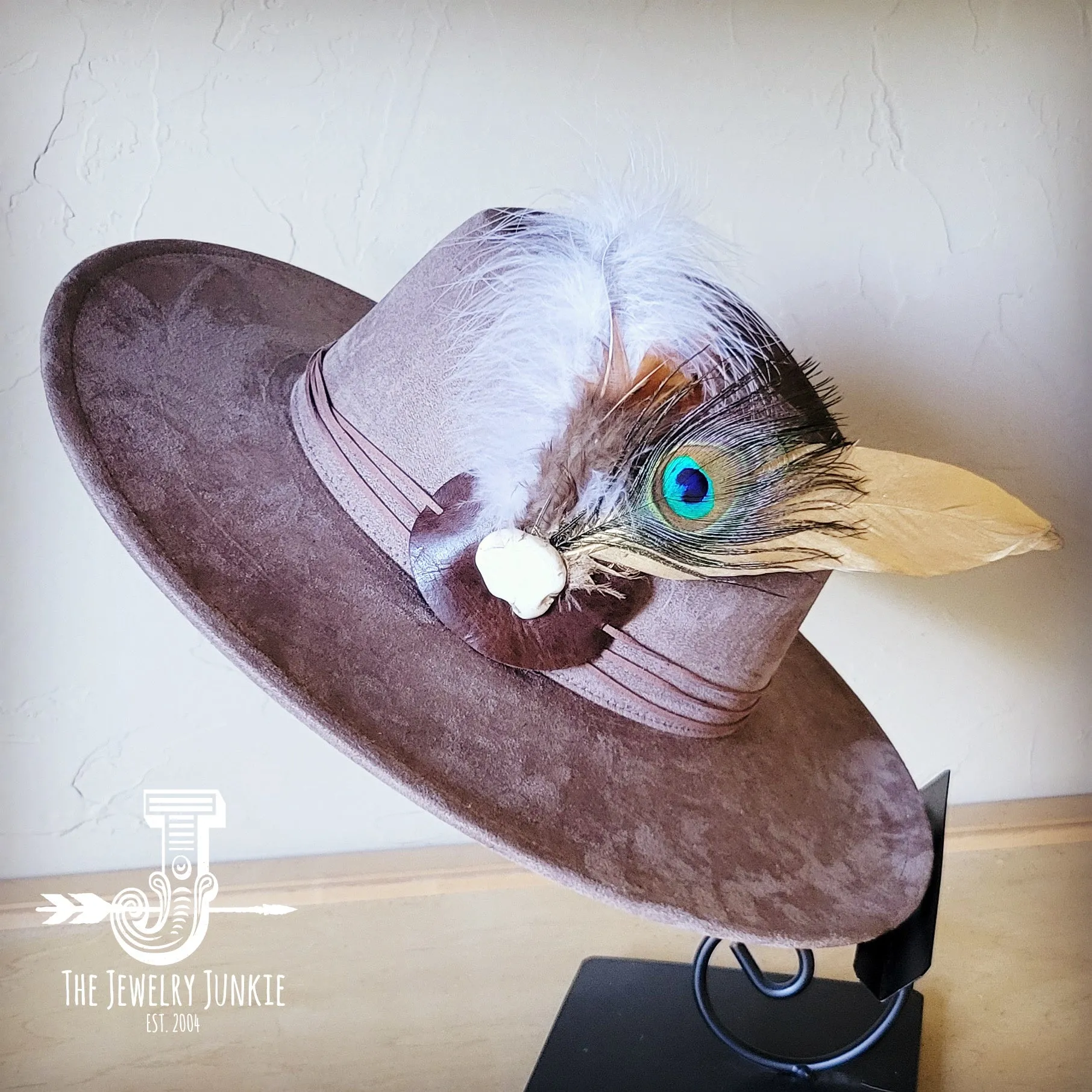 Peacock Gold Feather & Turquoise Slab Hat Band   Choice of Hat 985v