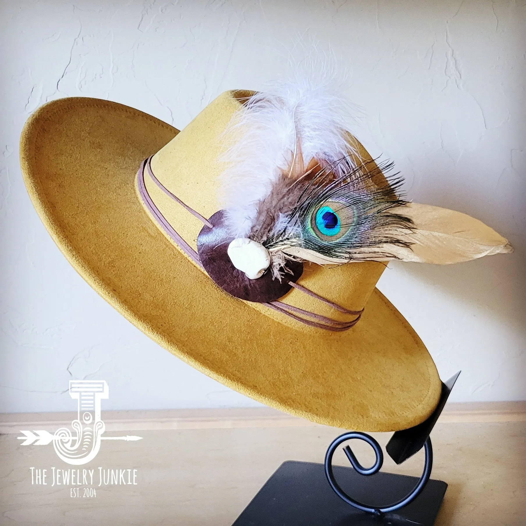 Peacock Gold Feather & Turquoise Slab Hat Band   Choice of Hat 985v