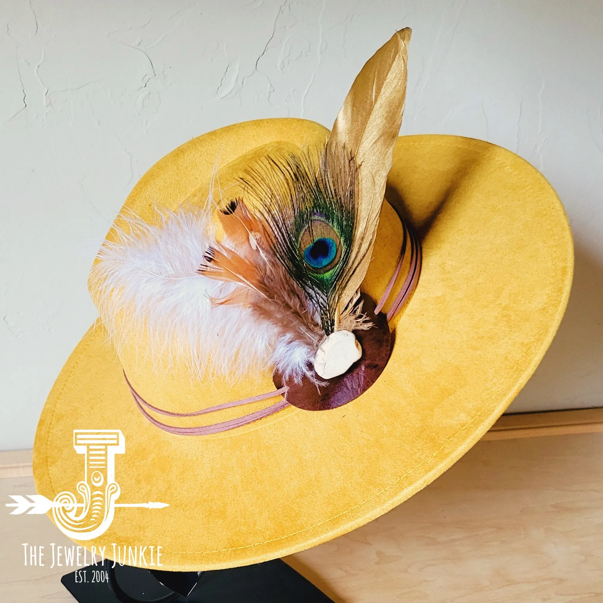 Peacock Gold Feather & Turquoise Slab Hat Band   Choice of Hat 985v