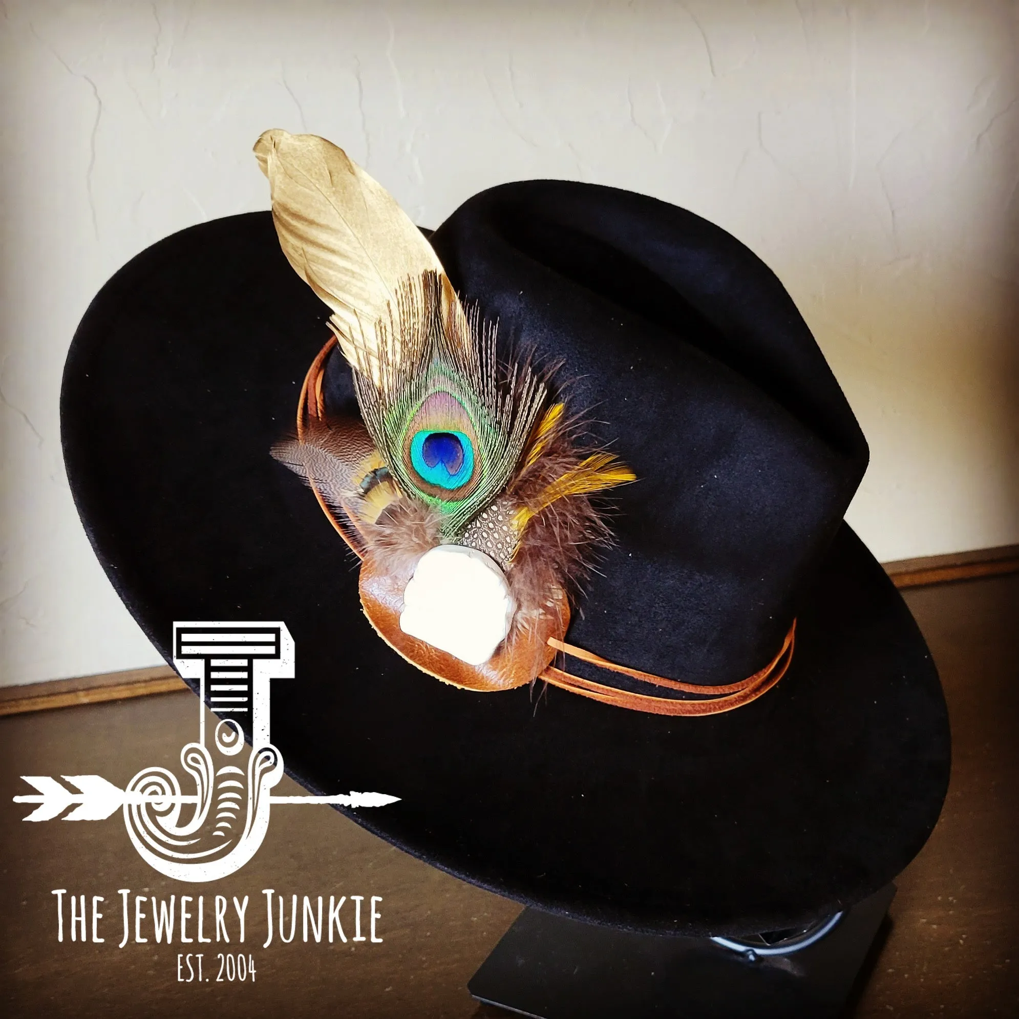 Peacock Gold Feather & Turquoise Slab Hat Band   Choice of Hat 985v