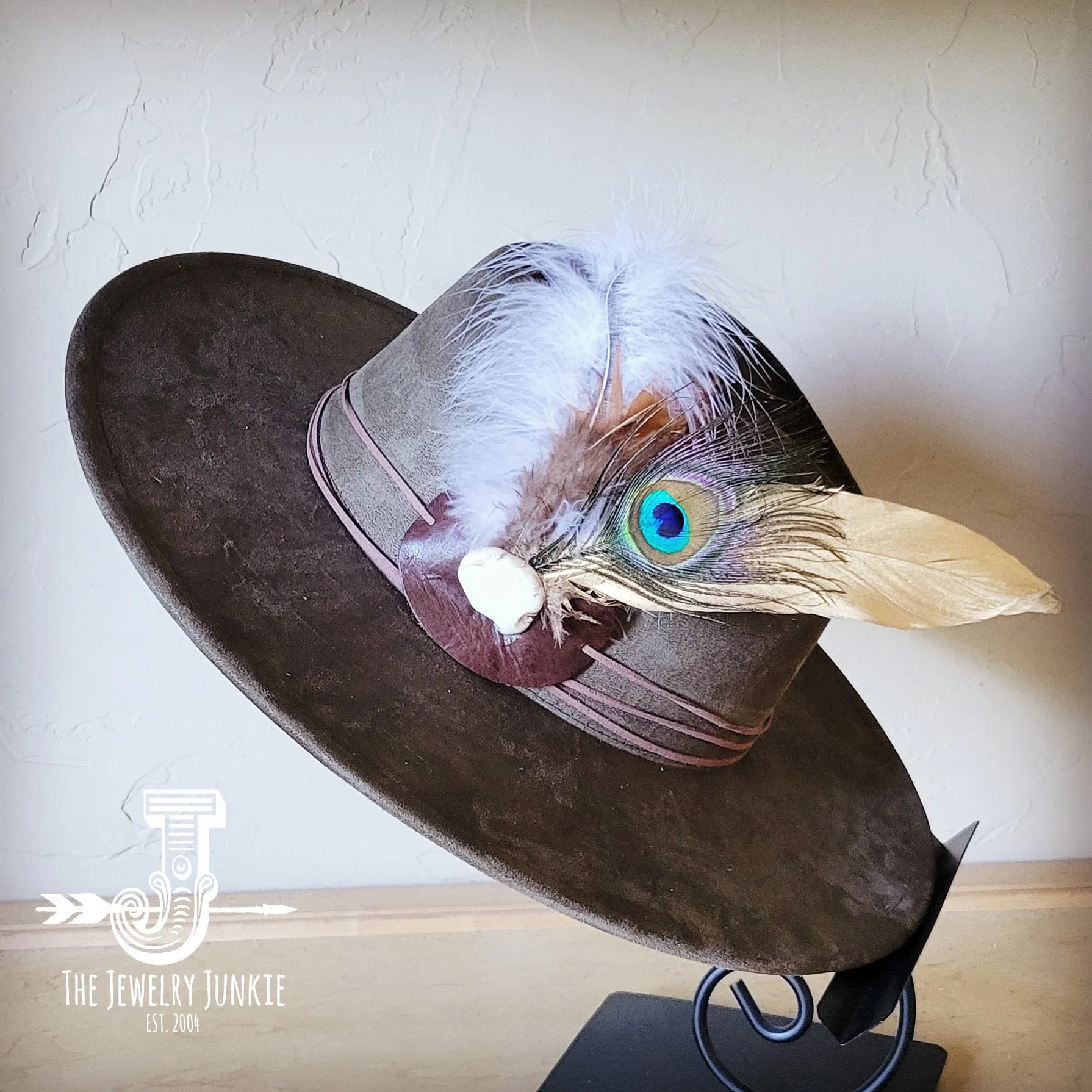 Peacock Gold Feather & Turquoise Slab Hat Band   Choice of Hat 985v