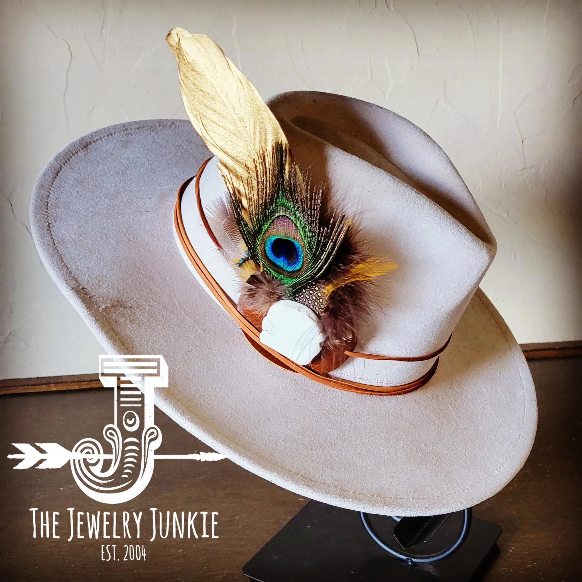 Peacock Gold Feather & Turquoise Slab Hat Band   Choice of Hat 985v
