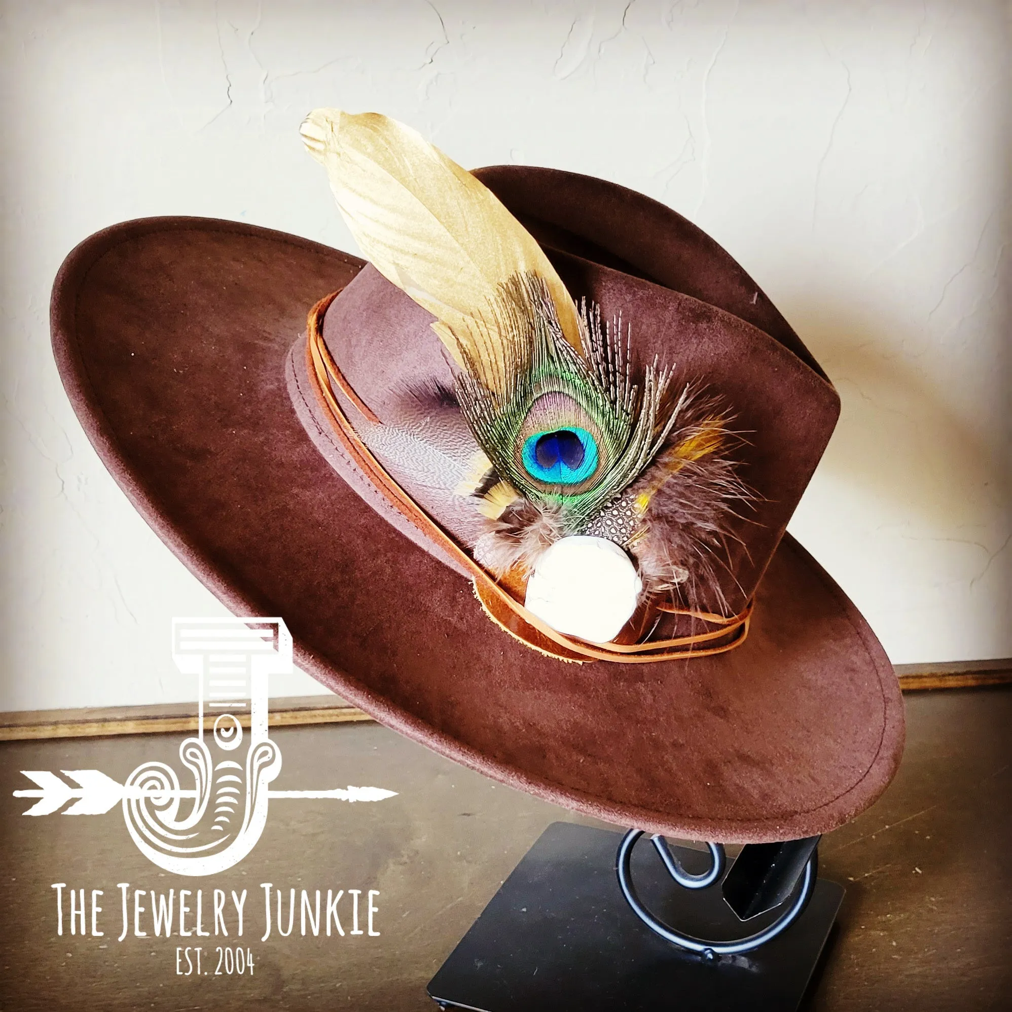 Peacock Gold Feather & Turquoise Slab Hat Band   Choice of Hat 985v