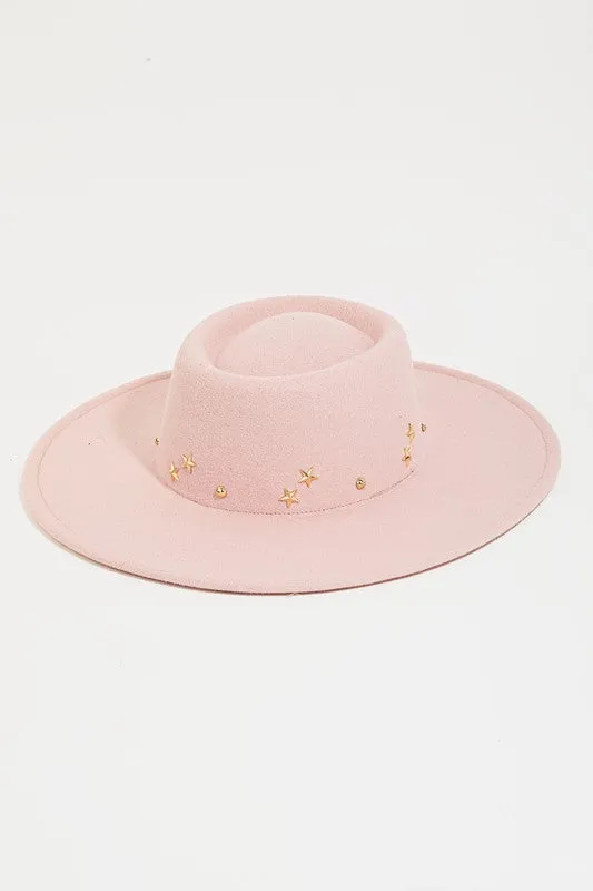 Pink Gold Star Studded Fedora Western Bohemian Festival Hat