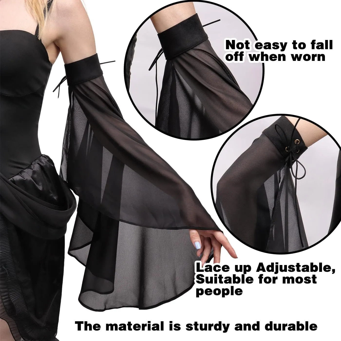 PROCOS Women's Victorian Long Tulle Gloves Gothic Black Lace Chiffon Detachable Sleeves Vampire Witch Cosplay Costume