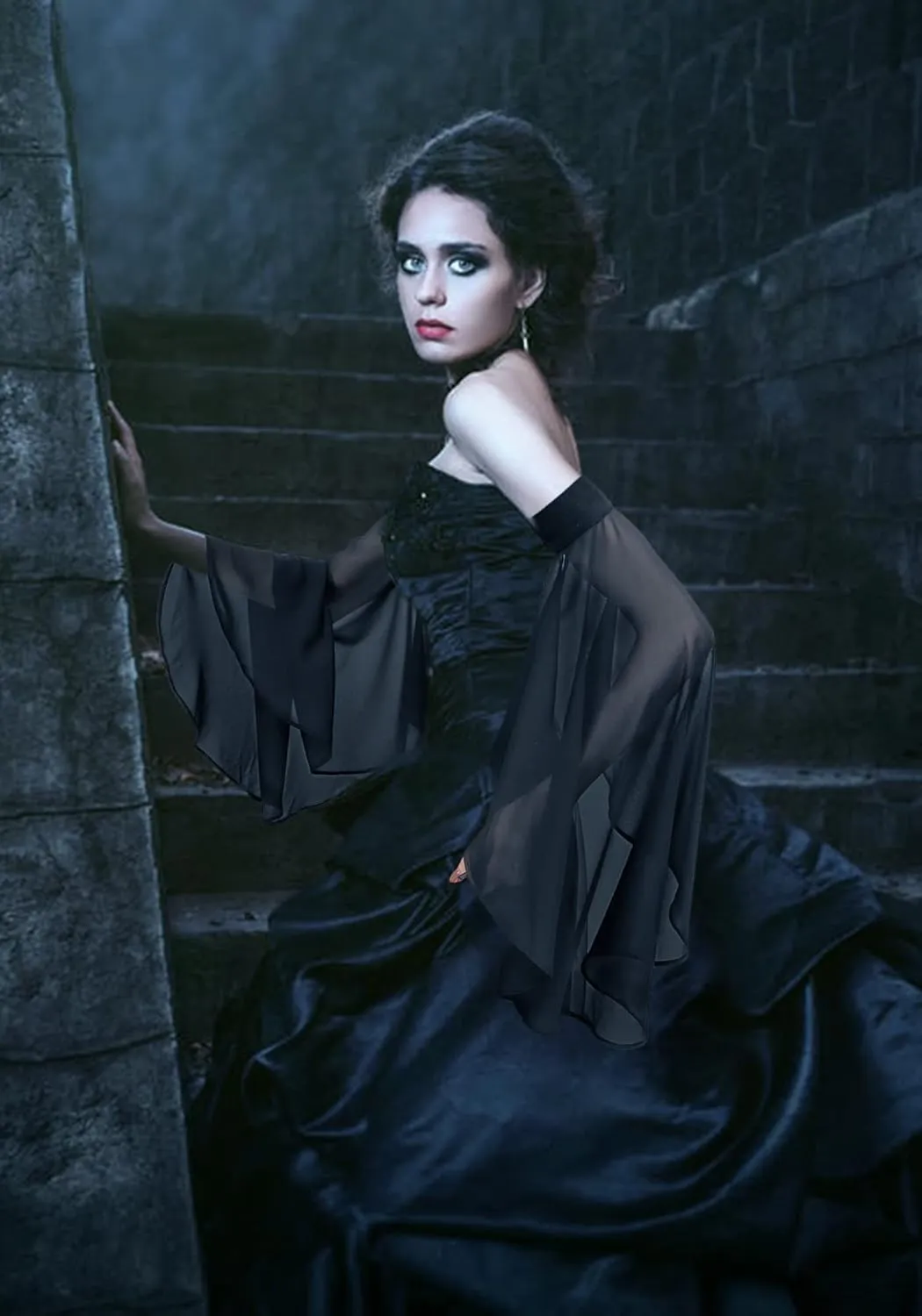 PROCOS Women's Victorian Long Tulle Gloves Gothic Black Lace Chiffon Detachable Sleeves Vampire Witch Cosplay Costume