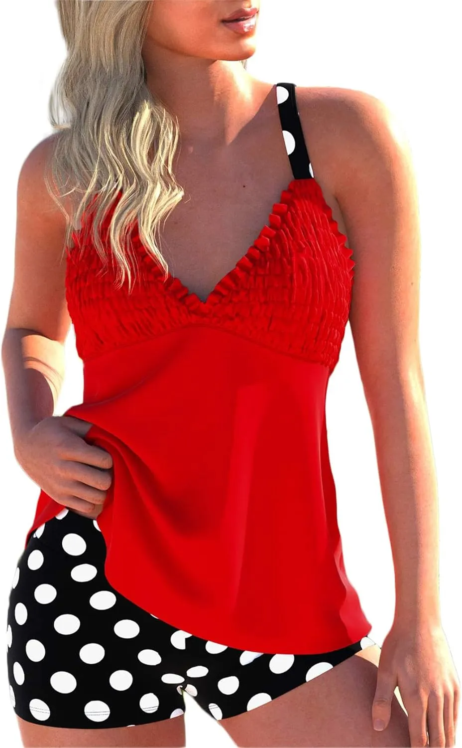 ROSEWE Womens Tankini Bathing Suits, Two-Piece Smocked Swim Dress, Print Swimsuits with Board Shorts