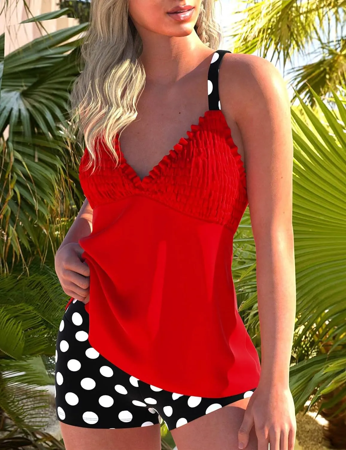 ROSEWE Womens Tankini Bathing Suits, Two-Piece Smocked Swim Dress, Print Swimsuits with Board Shorts